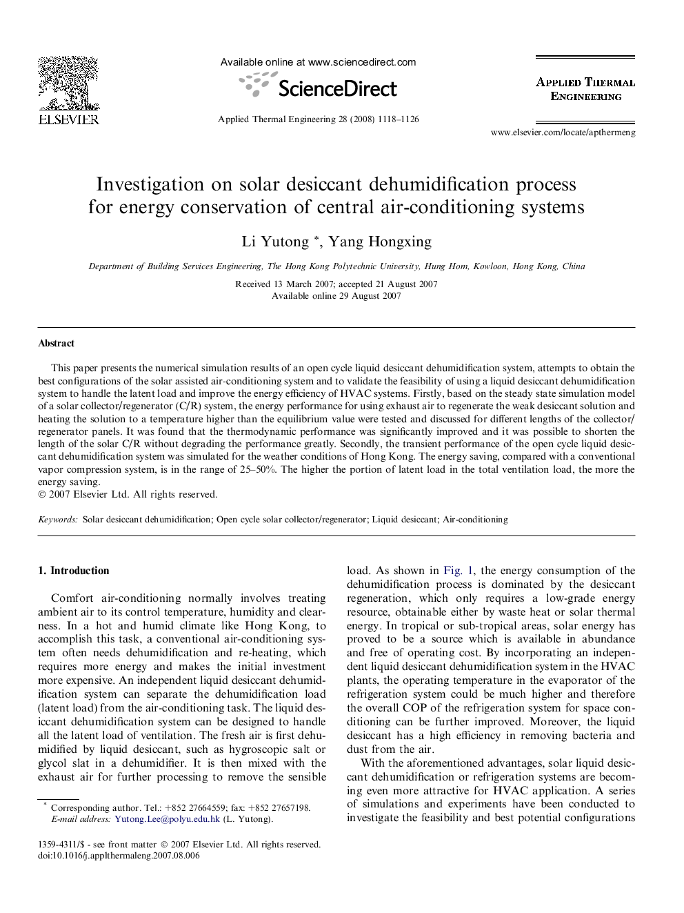 Investigation on solar desiccant dehumidification process for energy conservation of central air-conditioning systems