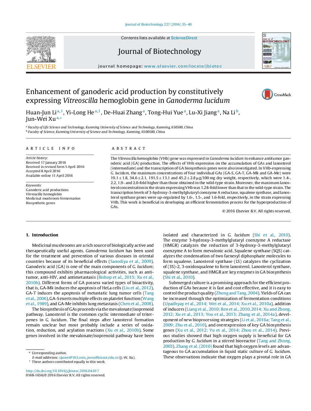 Enhancement of ganoderic acid production by constitutively expressing Vitreoscilla hemoglobin gene in Ganoderma lucidum