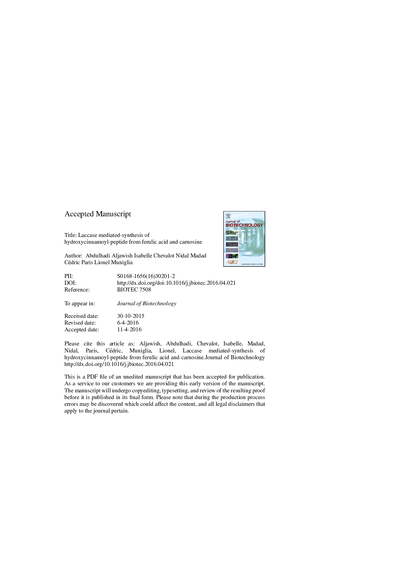 Laccase mediated-synthesis of hydroxycinnamoyl-peptide from ferulic acid and carnosine