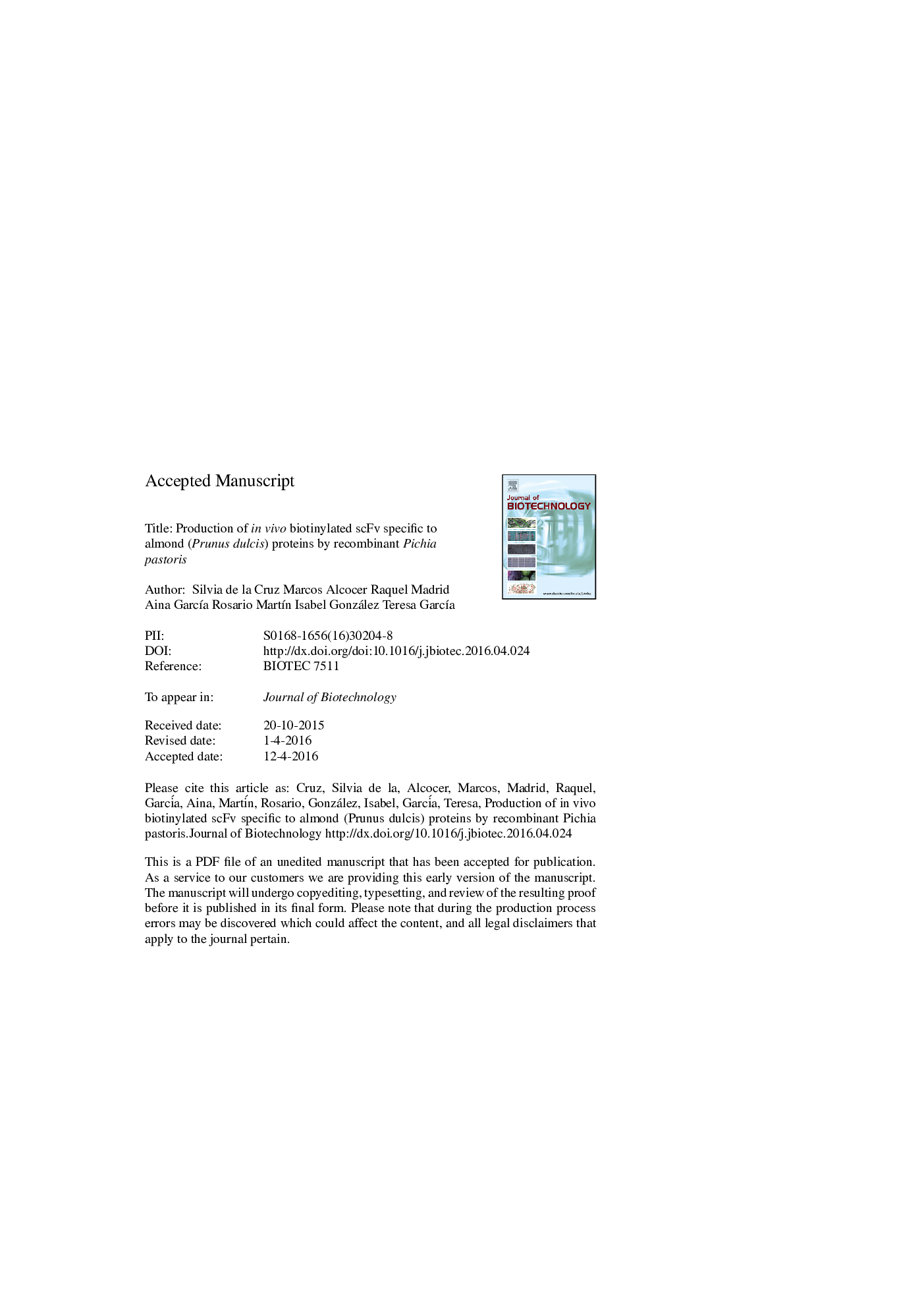 Production of in vivo biotinylated scFv specific to almond (Prunus dulcis) proteins by recombinant Pichia pastoris