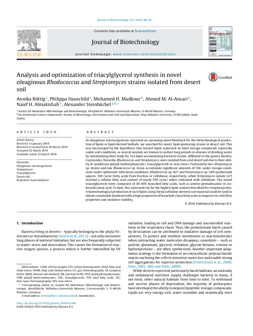 Analysis and optimization of triacylglycerol synthesis in novel oleaginous Rhodococcus and Streptomyces strains isolated from desert soil