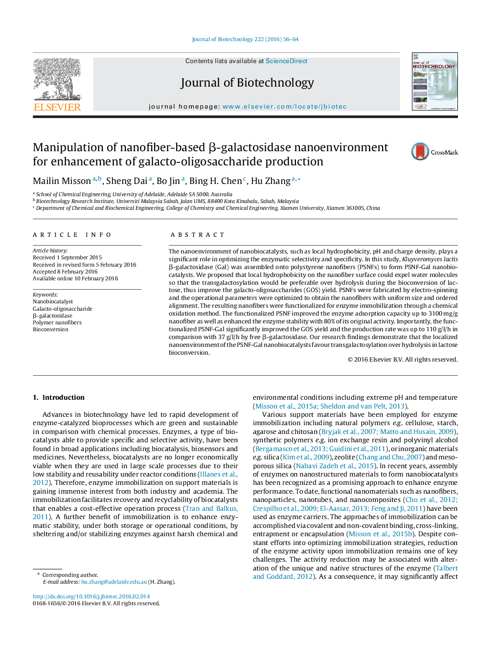 Manipulation of nanofiber-based Î²-galactosidase nanoenvironment for enhancement of galacto-oligosaccharide production