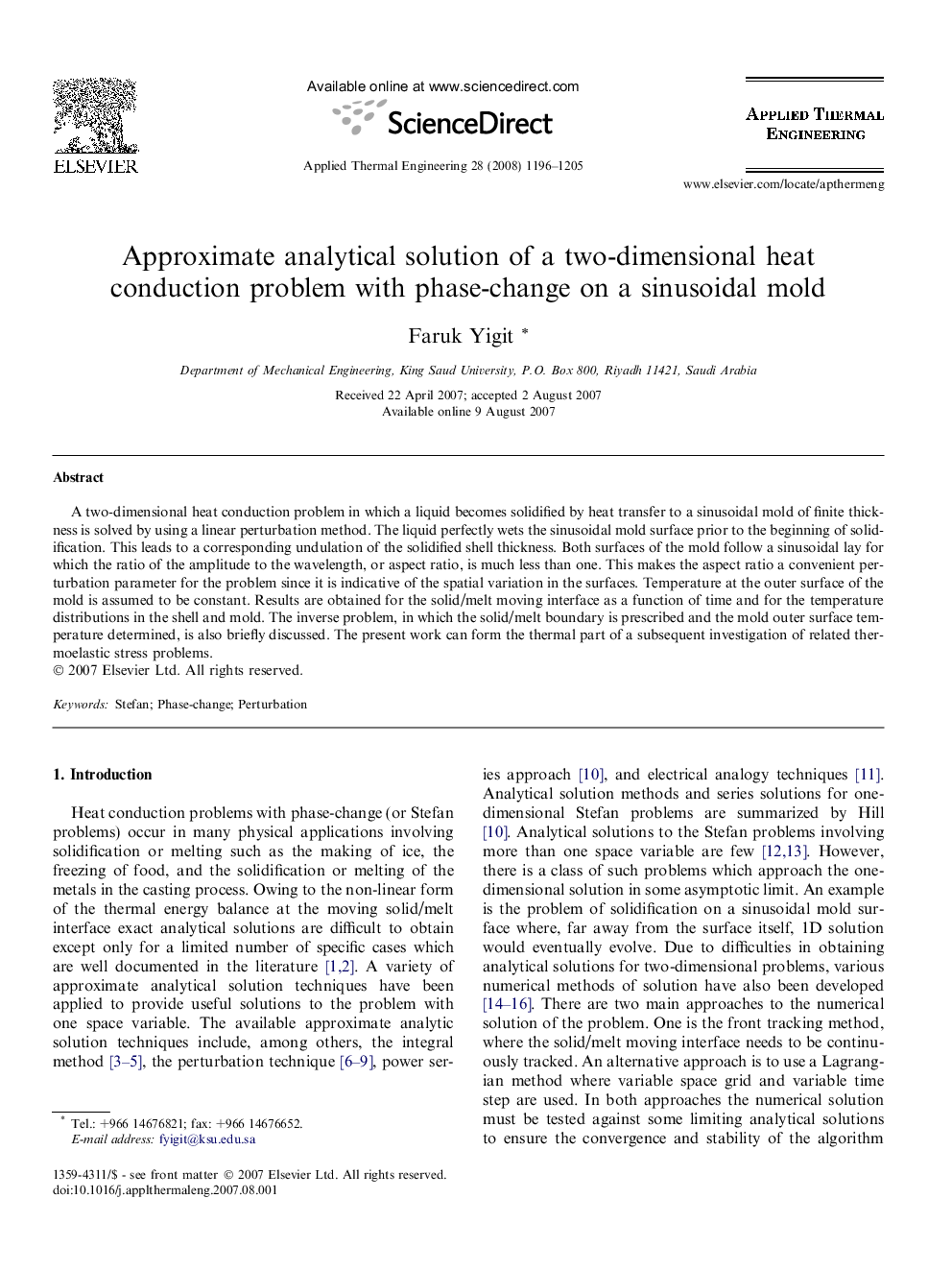 Approximate analytical solution of a two-dimensional heat conduction problem with phase-change on a sinusoidal mold