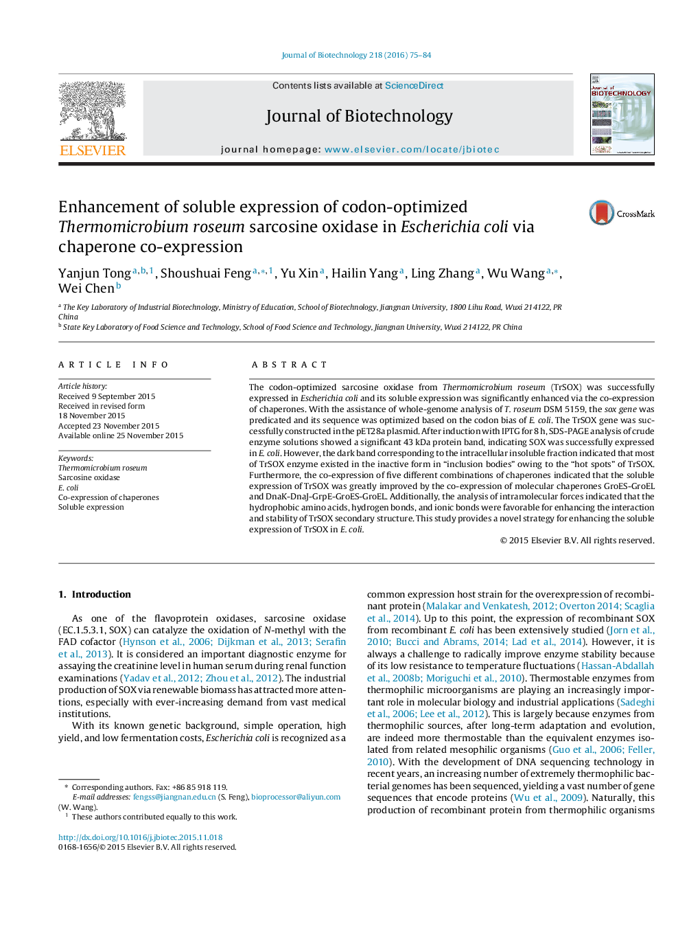 Enhancement of soluble expression of codon-optimized Thermomicrobium roseum sarcosine oxidase in Escherichia coli via chaperone co-expression