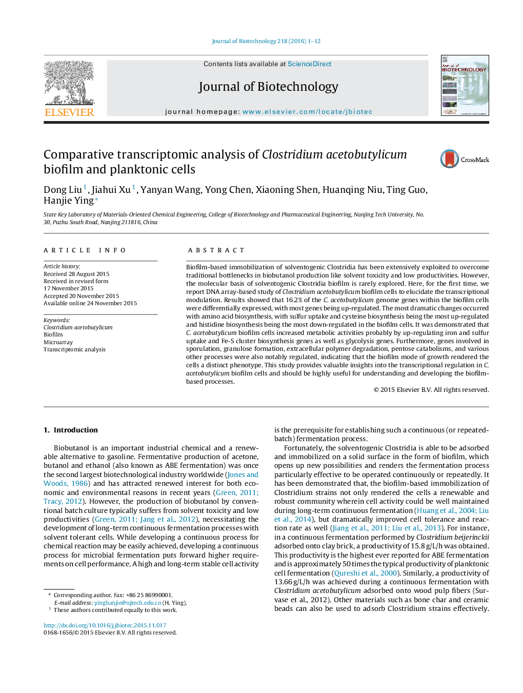 Comparative transcriptomic analysis of Clostridium acetobutylicum biofilm and planktonic cells