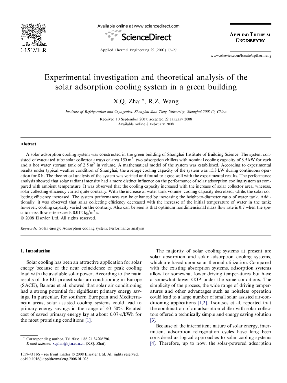 Experimental investigation and theoretical analysis of the solar adsorption cooling system in a green building