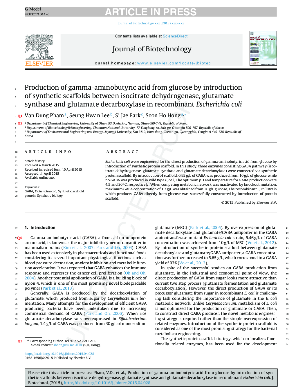 Production of gamma-aminobutyric acid from glucose by introduction of synthetic scaffolds between isocitrate dehydrogenase, glutamate synthase and glutamate decarboxylase in recombinant Escherichia coli