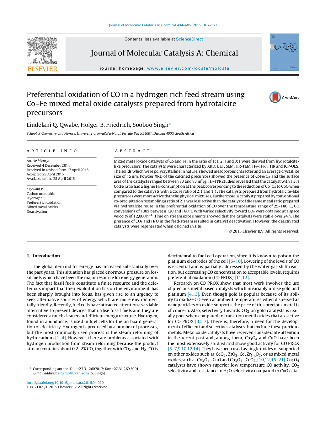 Preferential oxidation of CO in a hydrogen rich feed stream using Co–Fe mixed metal oxide catalysts prepared from hydrotalcite precursors