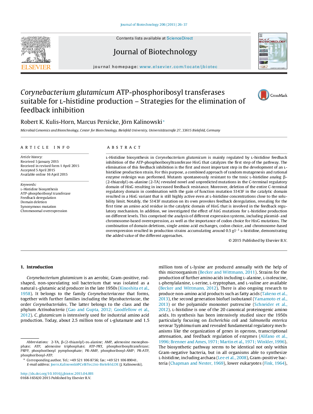 Corynebacterium glutamicum ATP-phosphoribosyl transferases suitable for l-histidine production - Strategies for the elimination of feedback inhibition