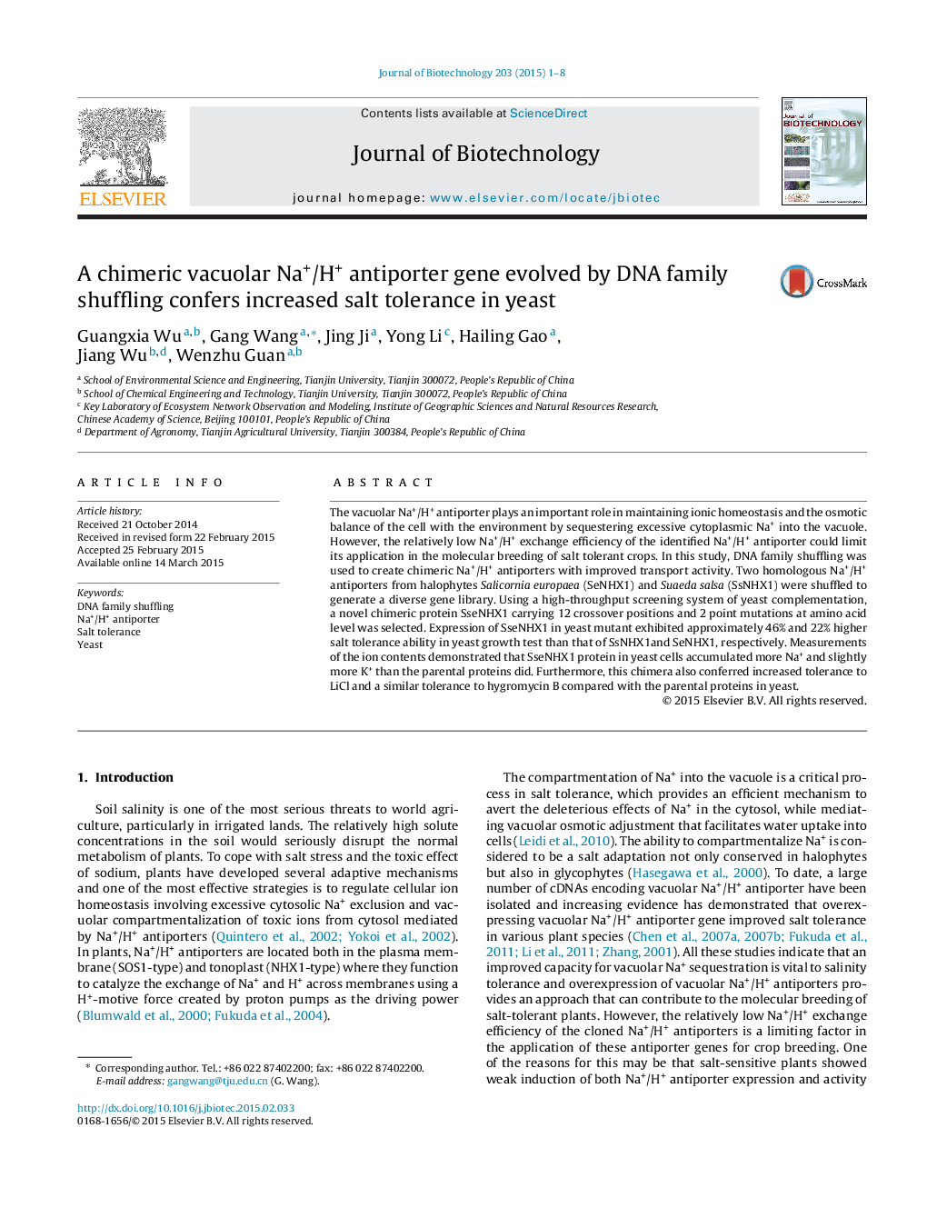 A chimeric vacuolar Na+/H+ antiporter gene evolved by DNA family shuffling confers increased salt tolerance in yeast