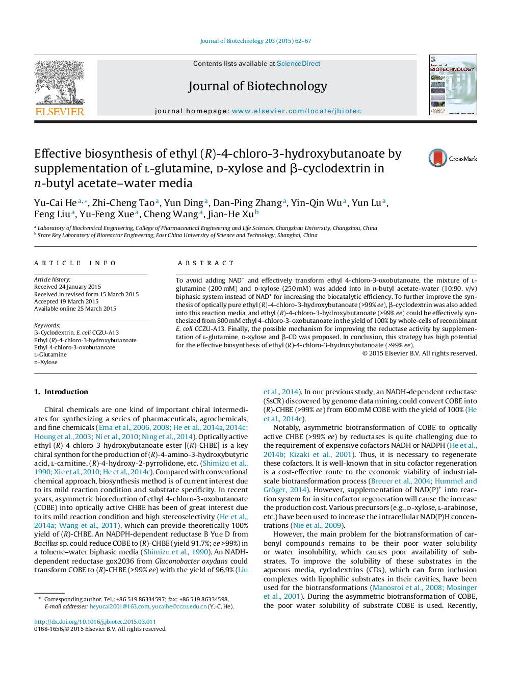 Effective biosynthesis of ethyl (R)-4-chloro-3-hydroxybutanoate by supplementation of l-glutamine, d-xylose and Î²-cyclodextrin in n-butyl acetate-water media