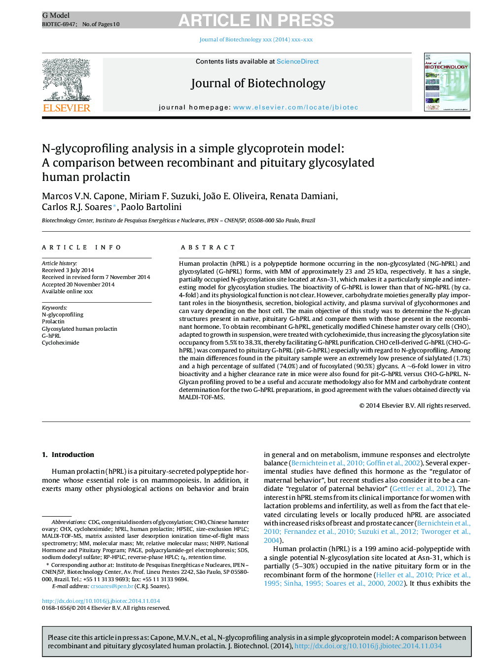 N-glycoprofiling analysis in a simple glycoprotein model: A comparison between recombinant and pituitary glycosylated human prolactin