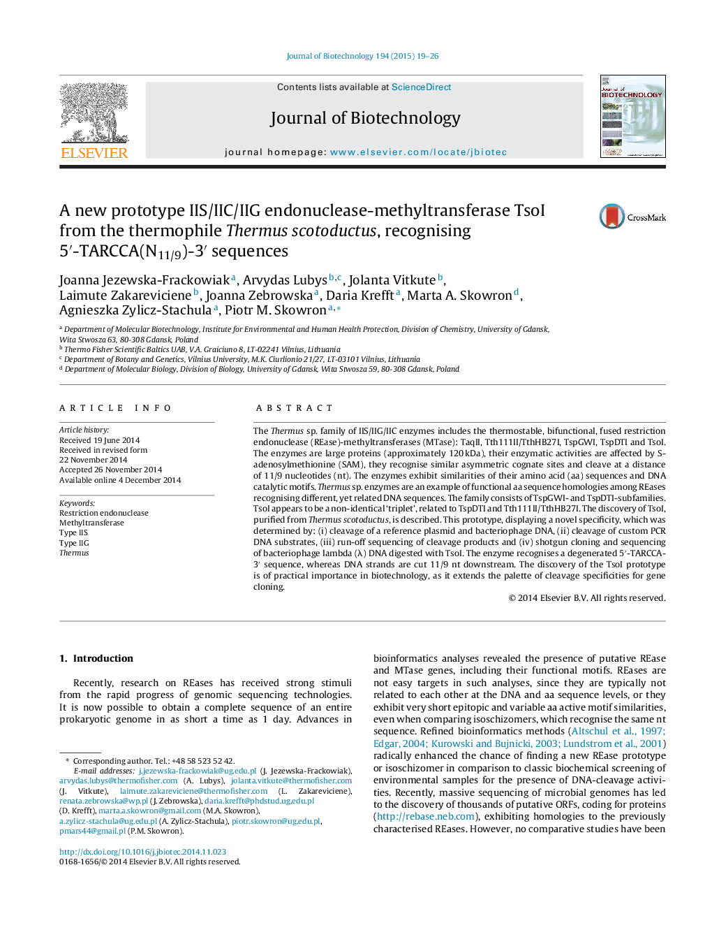 A new prototype IIS/IIC/IIG endonuclease-methyltransferase TsoI from the thermophile Thermus scotoductus, recognising 5â²-TARCCA(N11/9)-3â² sequences