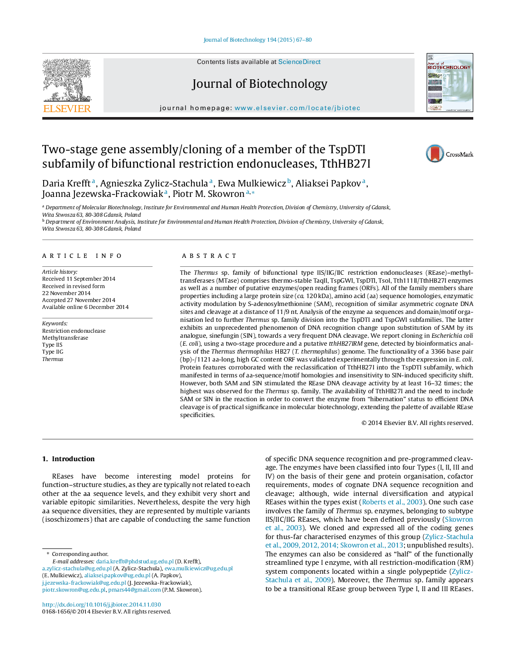 Two-stage gene assembly/cloning of a member of the TspDTI subfamily of bifunctional restriction endonucleases, TthHB27I