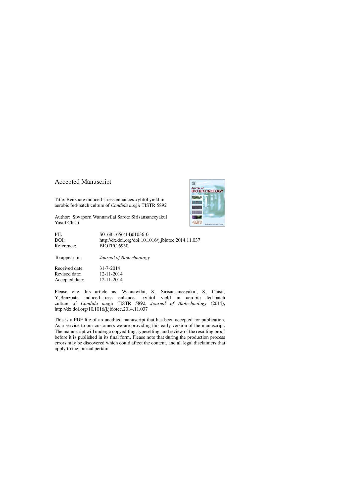 Benzoate-induced stress enhances xylitol yield in aerobic fed-batch culture of Candida mogii TISTR 5892