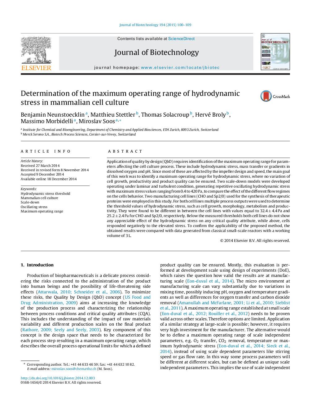 Determination of the maximum operating range of hydrodynamic stress in mammalian cell culture