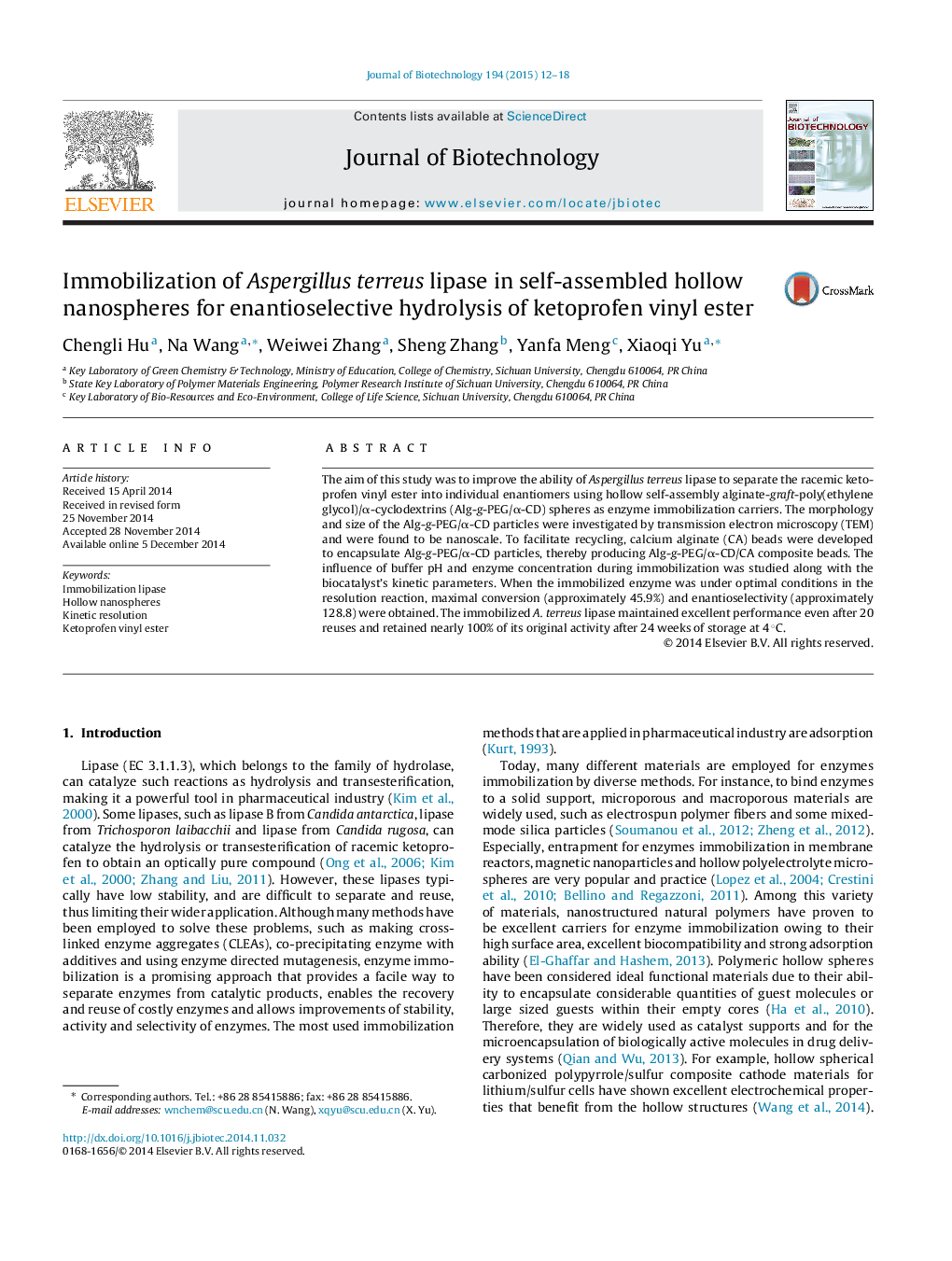 Immobilization of Aspergillus terreus lipase in self-assembled hollow nanospheres for enantioselective hydrolysis of ketoprofen vinyl ester