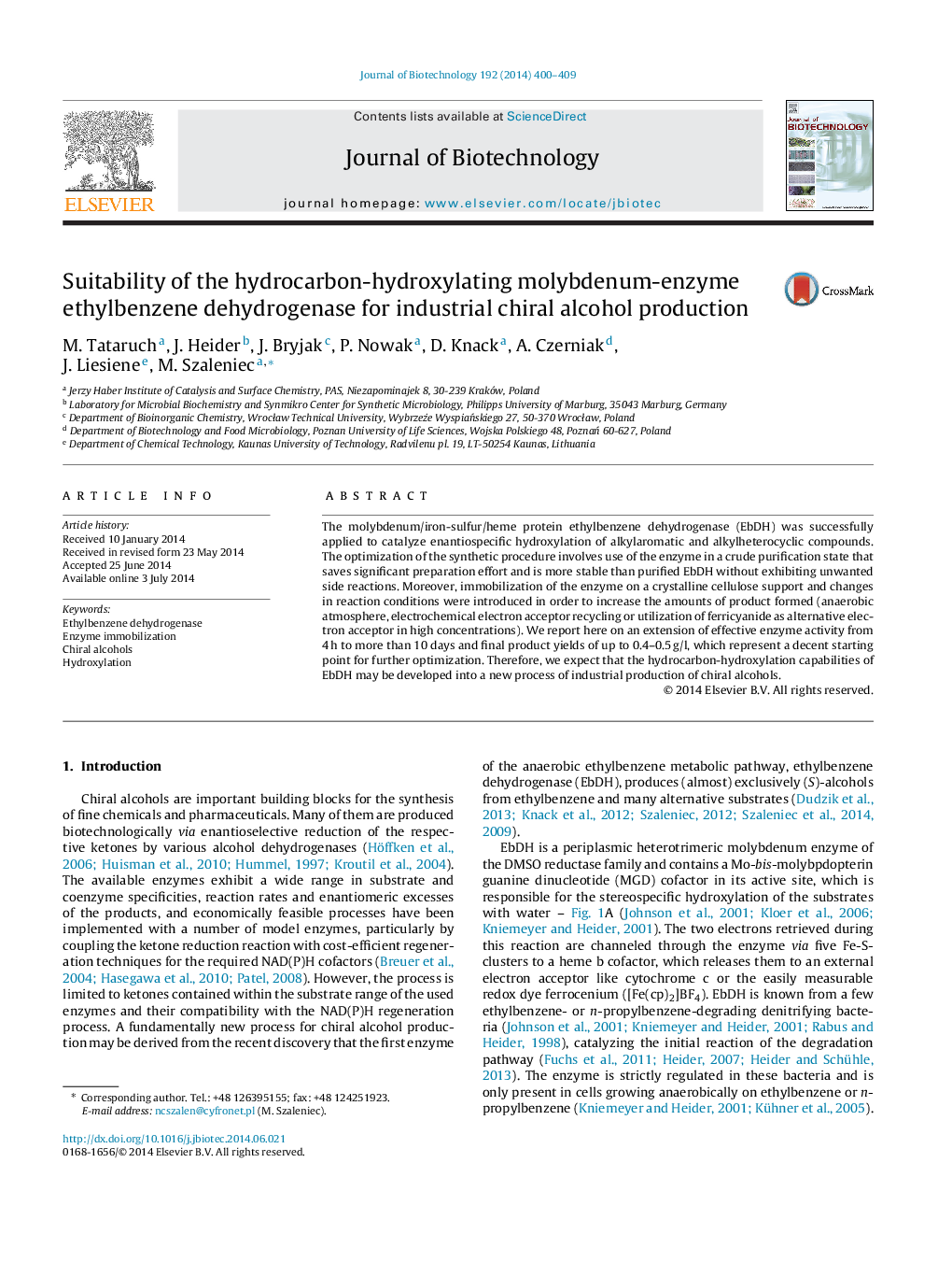 Suitability of the hydrocarbon-hydroxylating molybdenum-enzyme ethylbenzene dehydrogenase for industrial chiral alcohol production