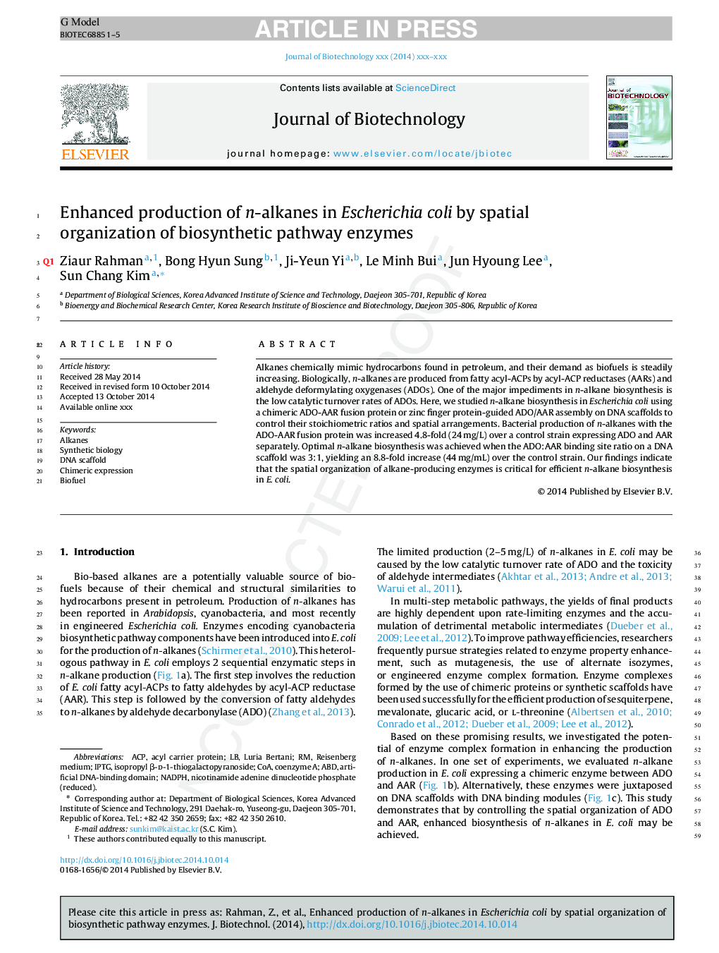 Enhanced production of n-alkanes in Escherichia coli by spatial organization of biosynthetic pathway enzymes