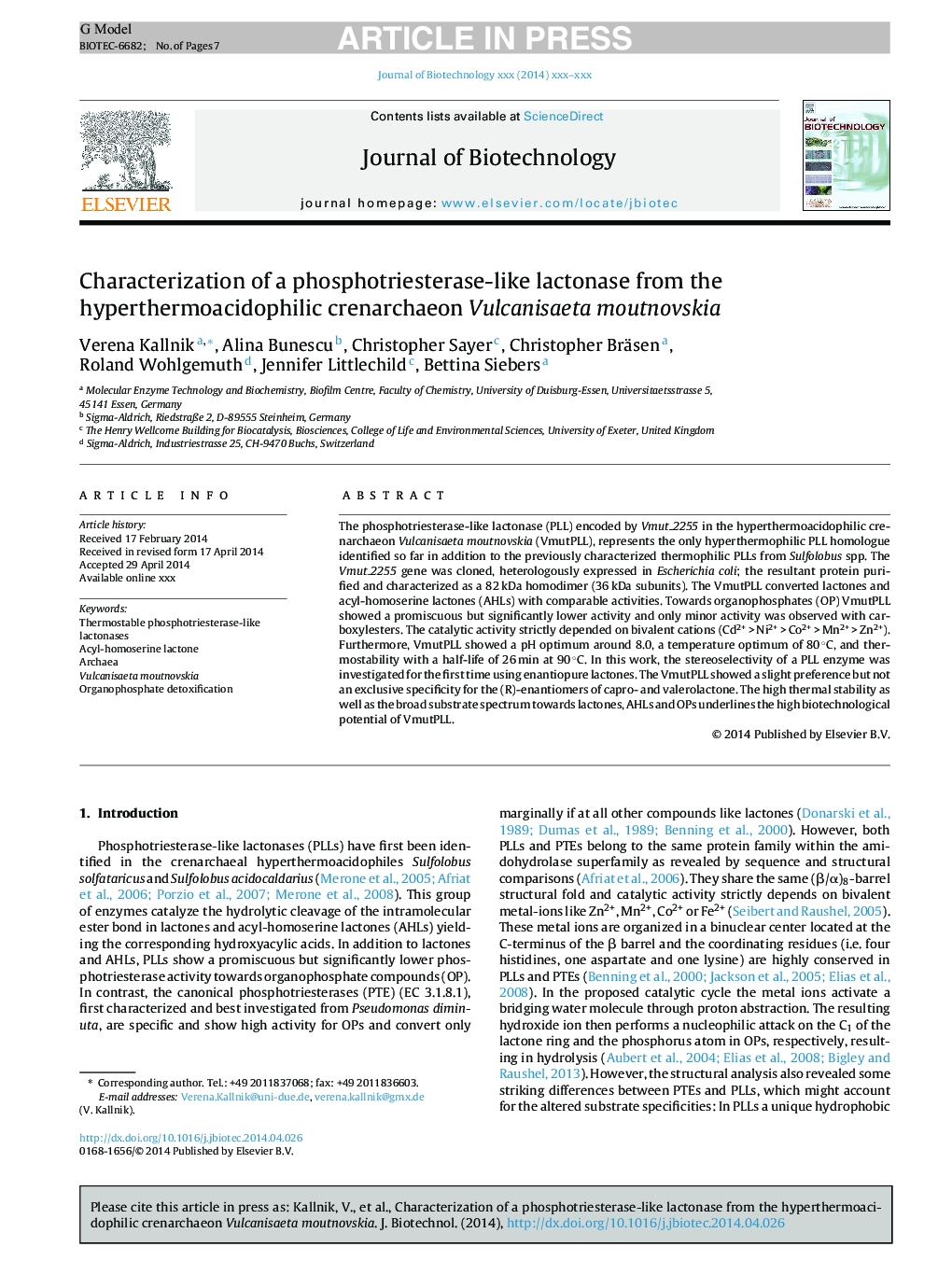 Characterization of a phosphotriesterase-like lactonase from the hyperthermoacidophilic crenarchaeon Vulcanisaeta moutnovskia