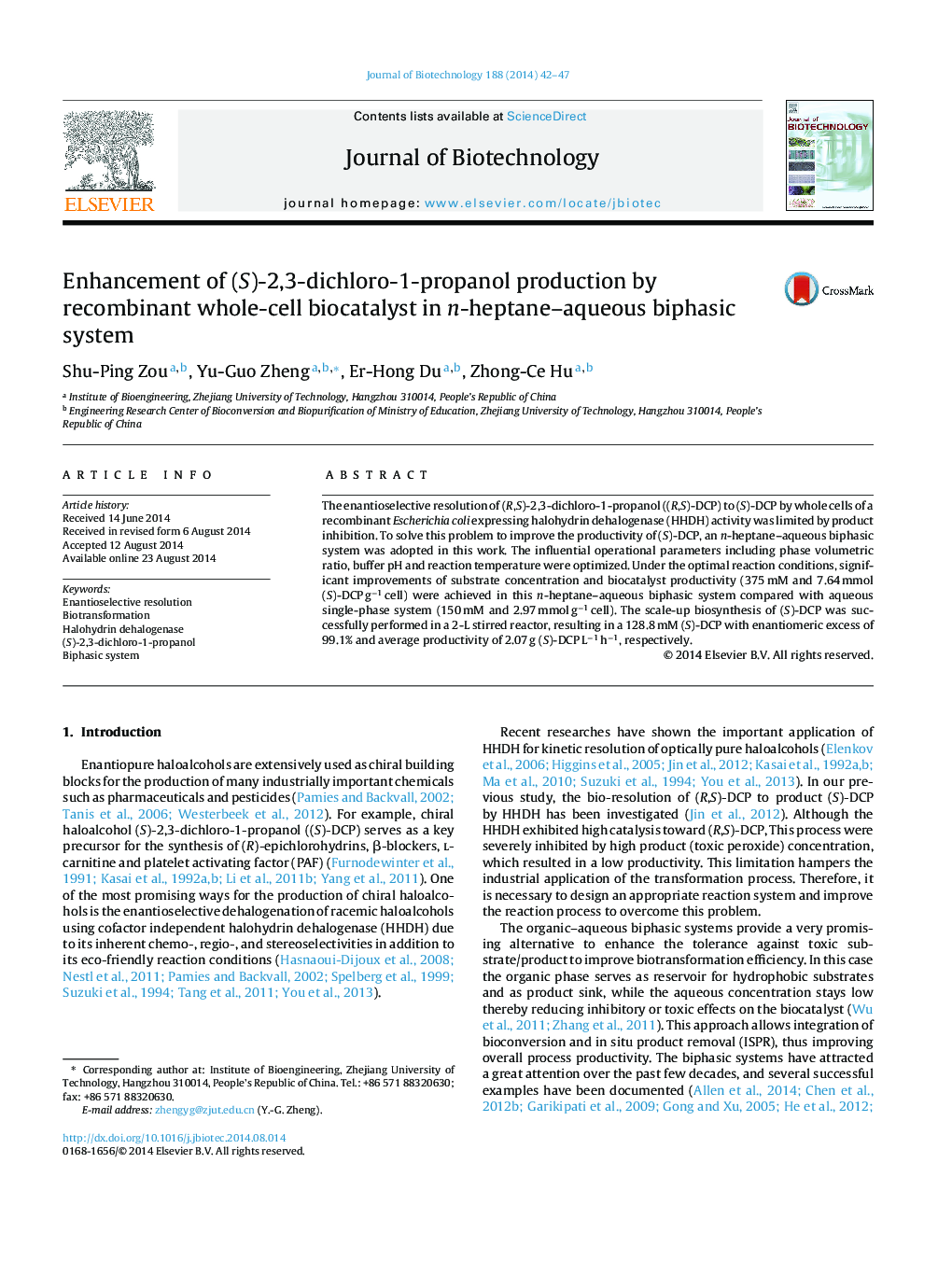 Enhancement of (S)-2,3-dichloro-1-propanol production by recombinant whole-cell biocatalyst in n-heptane-aqueous biphasic system