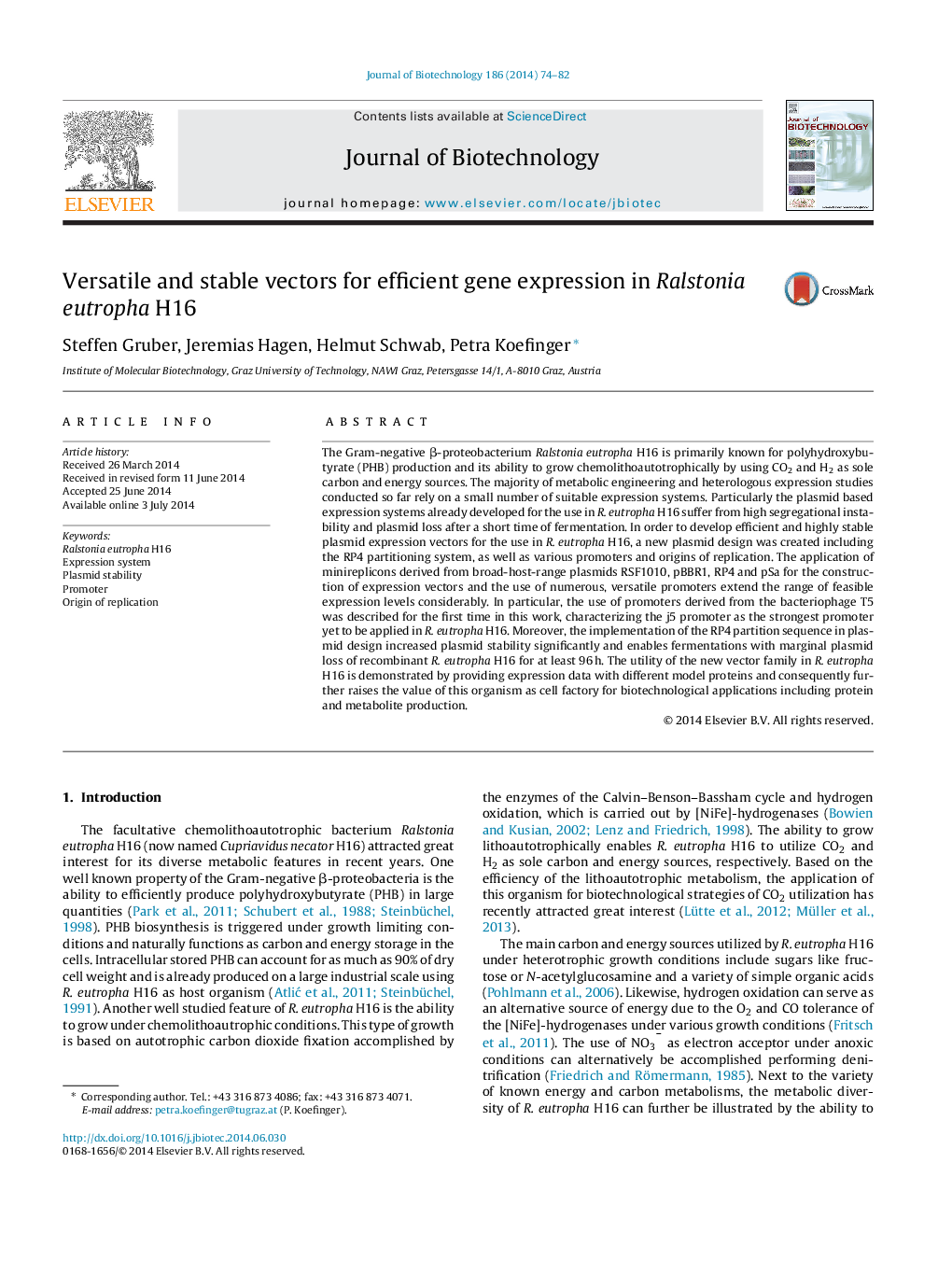 Versatile and stable vectors for efficient gene expression in Ralstonia eutropha H16