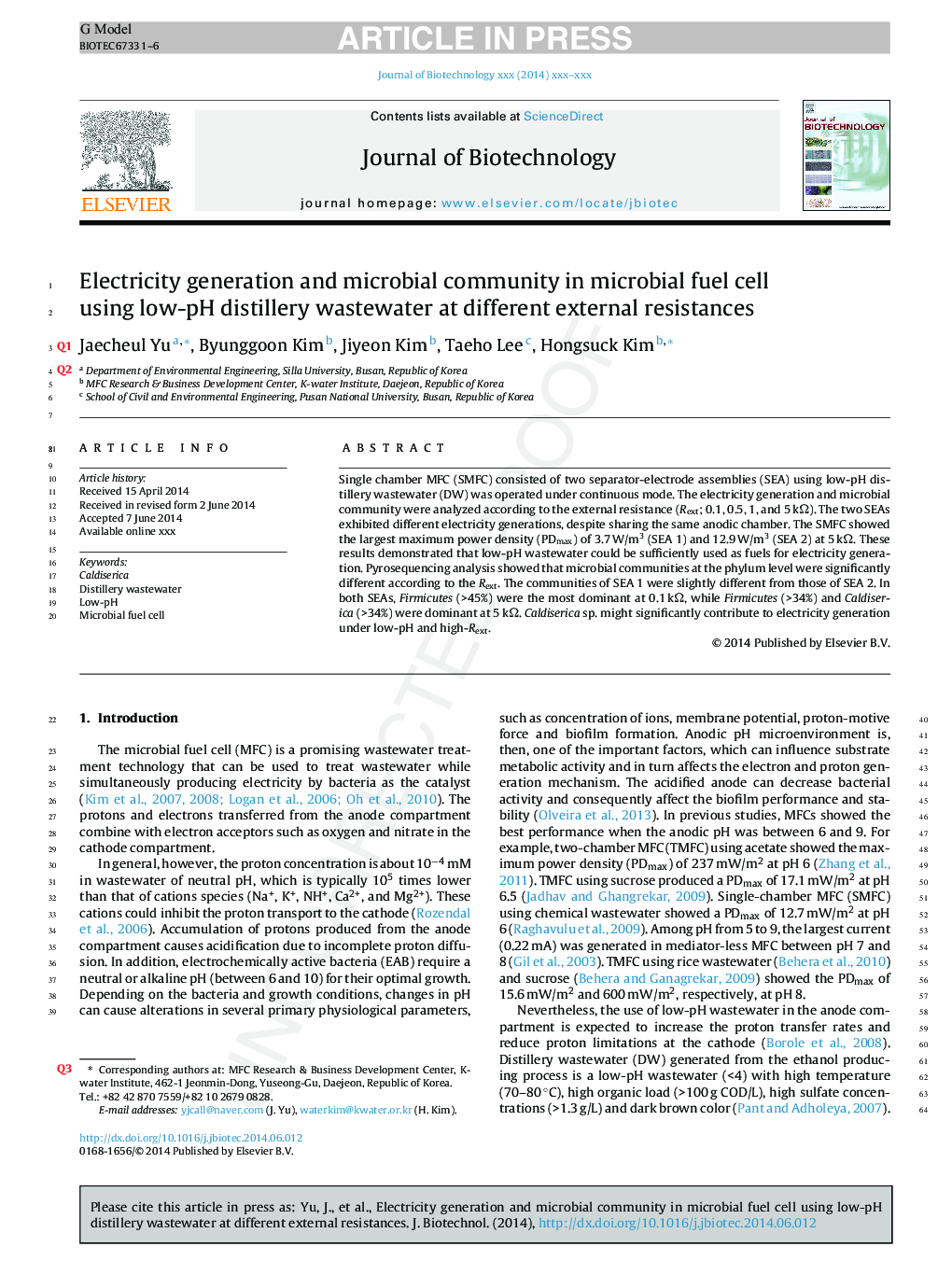 Electricity generation and microbial community in microbial fuel cell using low-pH distillery wastewater at different external resistances