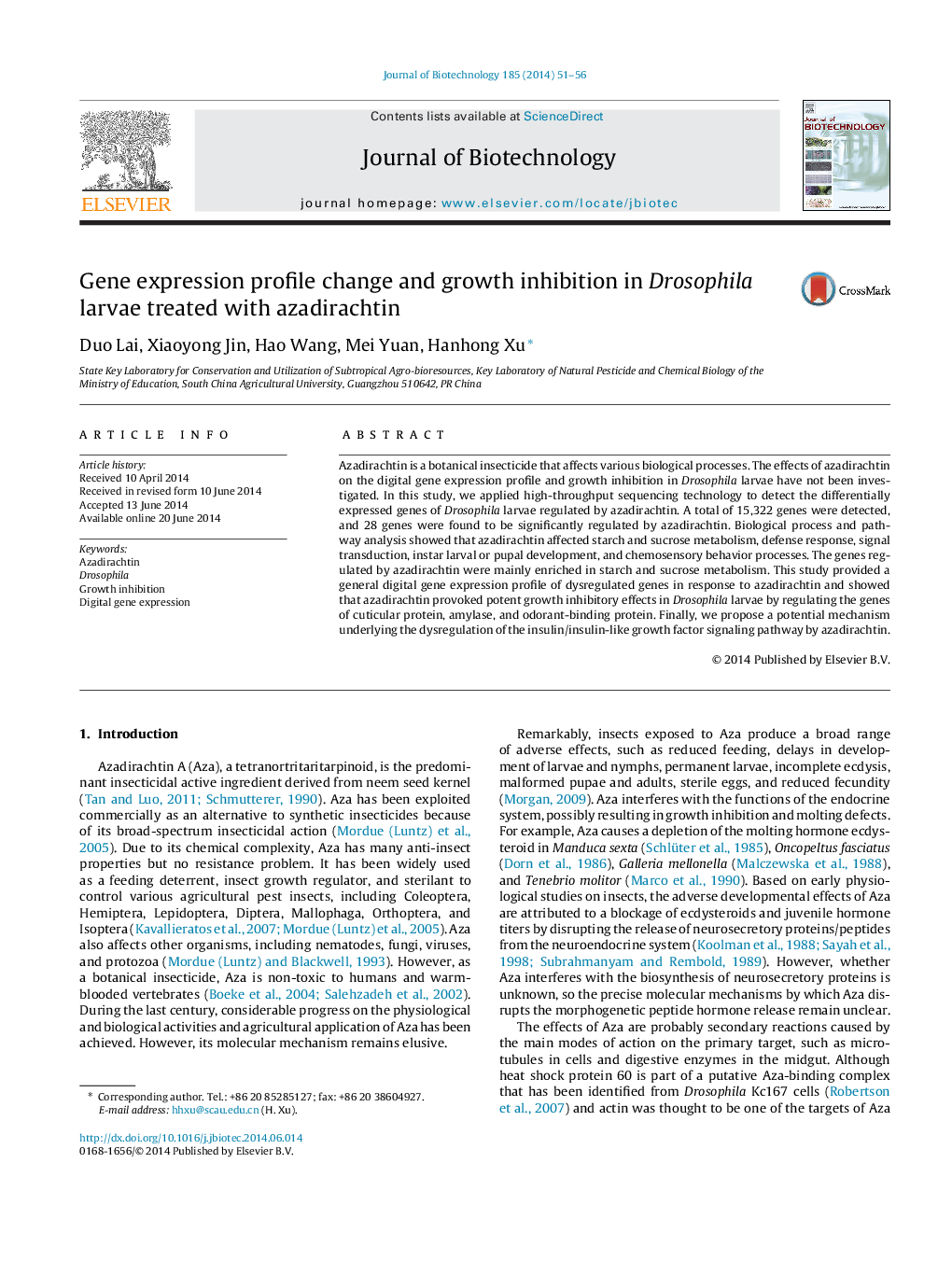 Gene expression profile change and growth inhibition in Drosophila larvae treated with azadirachtin