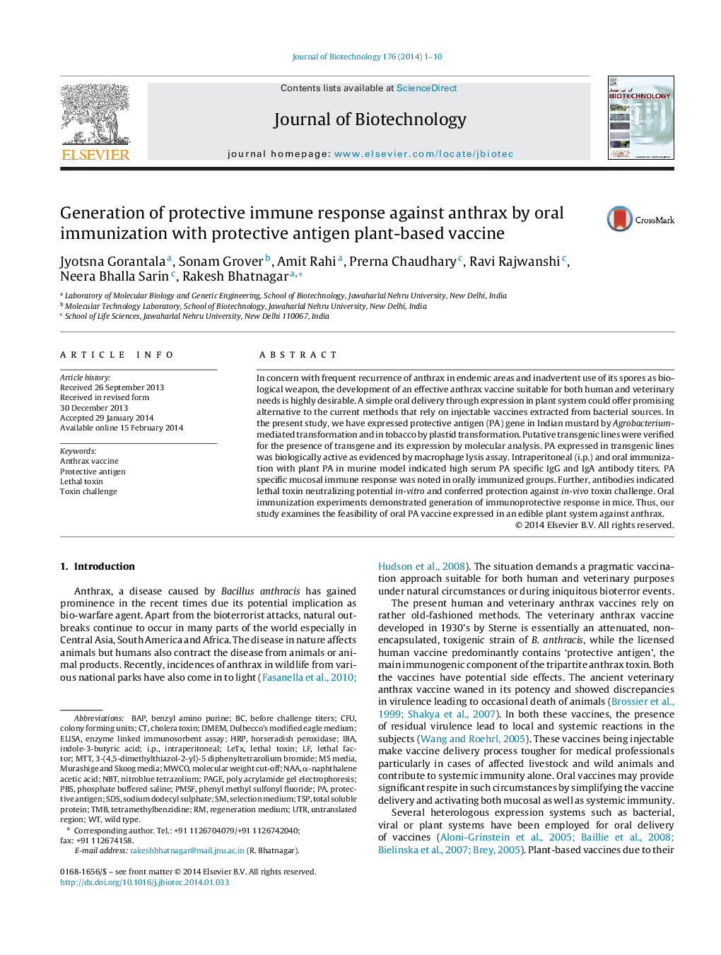 Generation of protective immune response against anthrax by oral immunization with protective antigen plant-based vaccine