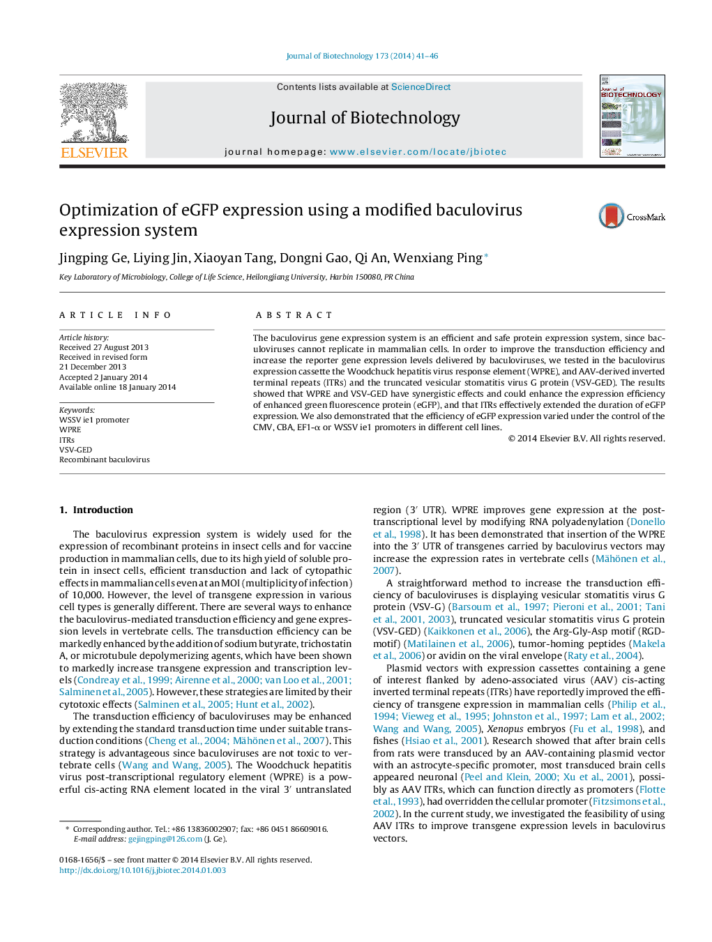 Optimization of eGFP expression using a modified baculovirus expression system