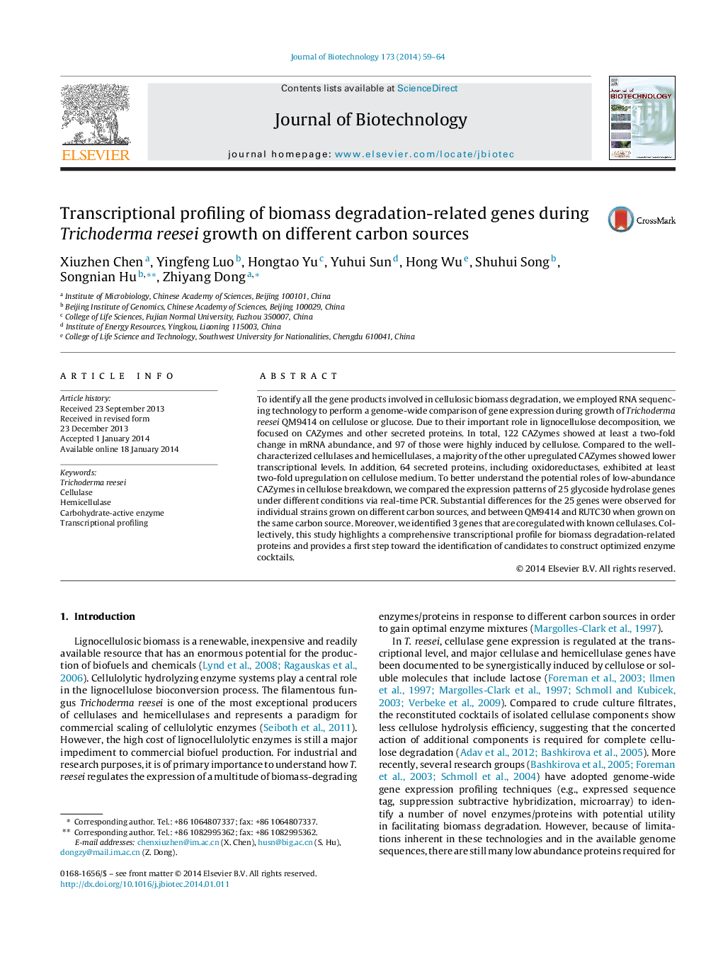 Transcriptional profiling of biomass degradation-related genes during Trichoderma reesei growth on different carbon sources