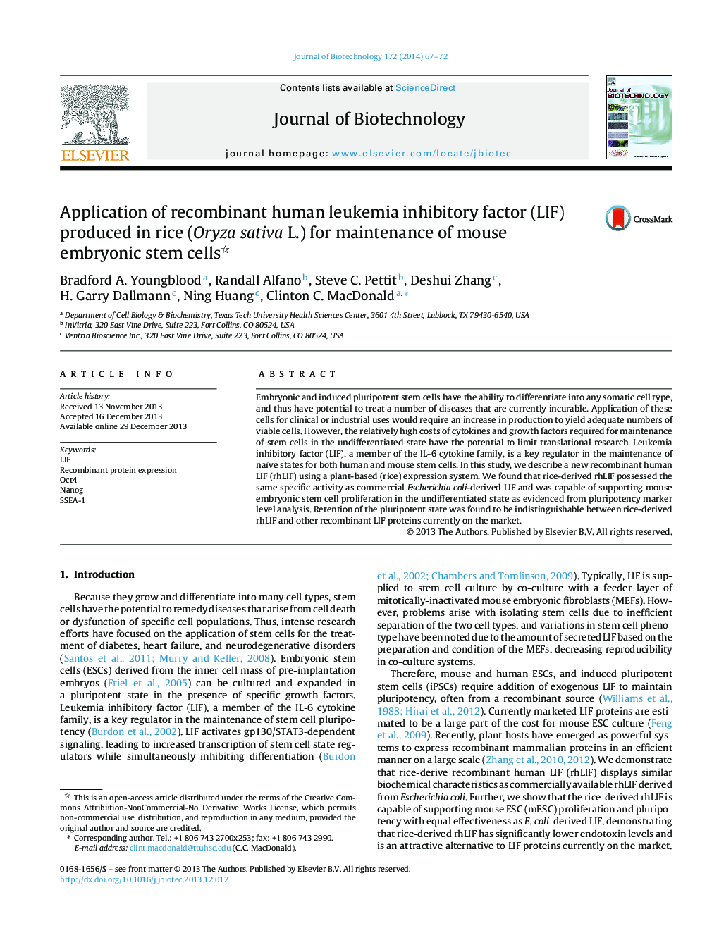 Application of recombinant human leukemia inhibitory factor (LIF) produced in rice (Oryza sativa L.) for maintenance of mouse embryonic stem cells