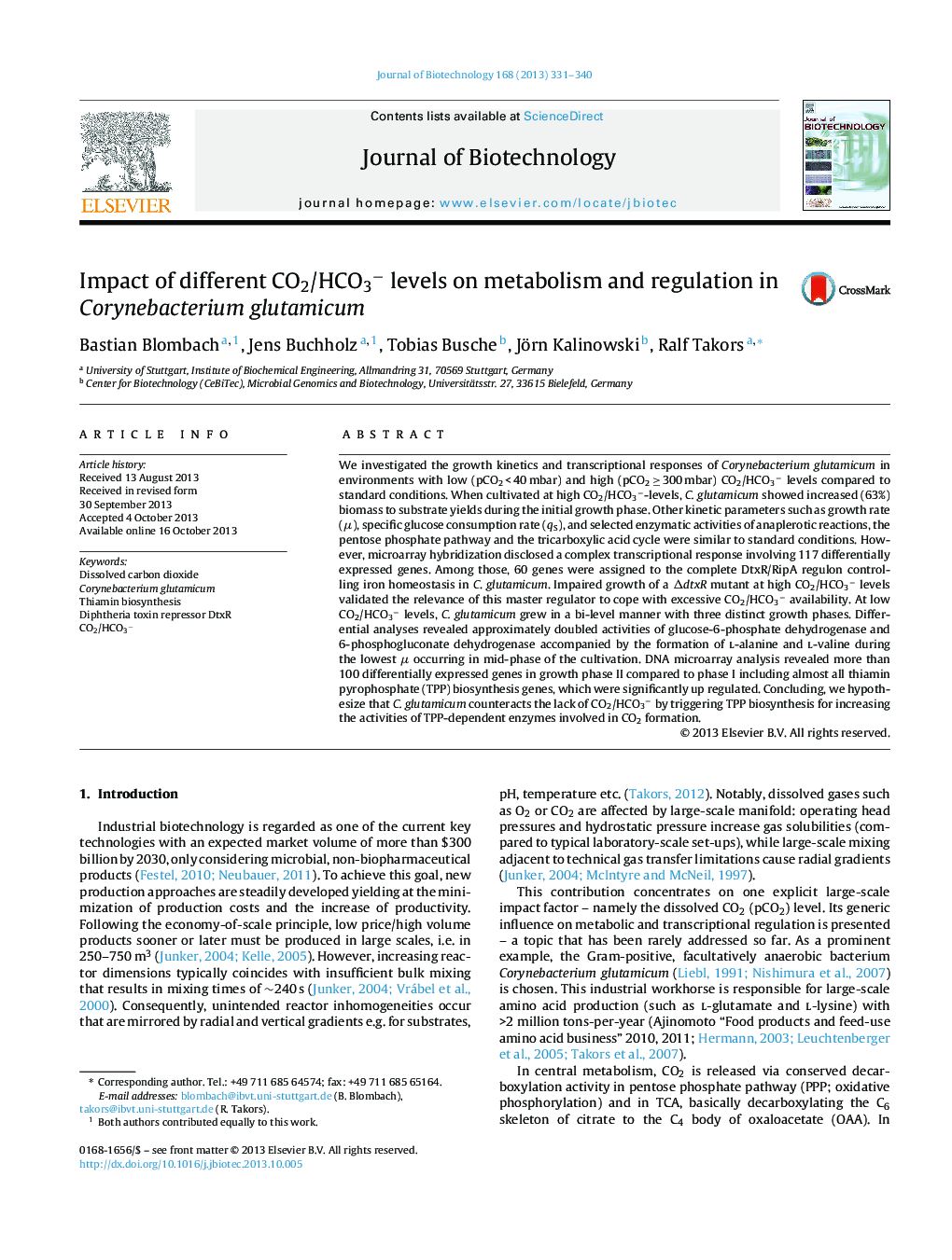 Impact of different CO2/HCO3â levels on metabolism and regulation in Corynebacterium glutamicum