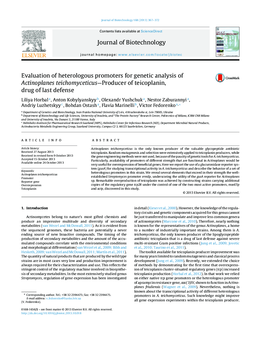 Evaluation of heterologous promoters for genetic analysis of Actinoplanes teichomyceticus-Producer of teicoplanin, drug of last defense