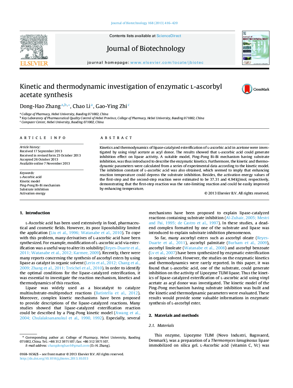 Kinetic and thermodynamic investigation of enzymatic l-ascorbyl acetate synthesis