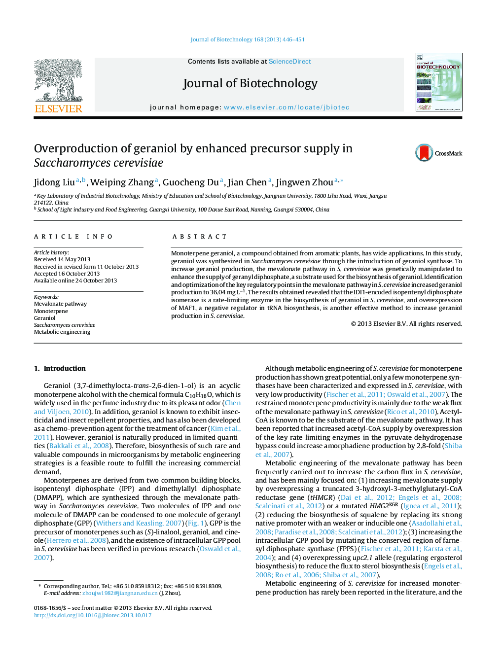 Overproduction of geraniol by enhanced precursor supply in Saccharomyces cerevisiae