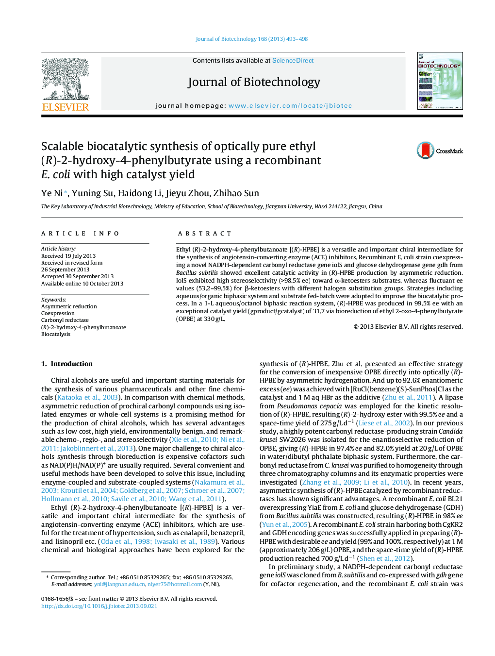 Scalable biocatalytic synthesis of optically pure ethyl (R)-2-hydroxy-4-phenylbutyrate using a recombinant E. coli with high catalyst yield