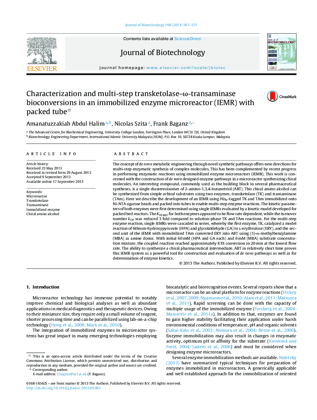 Characterization and multi-step transketolase-Ï-transaminase bioconversions in an immobilized enzyme microreactor (IEMR) with packed tube