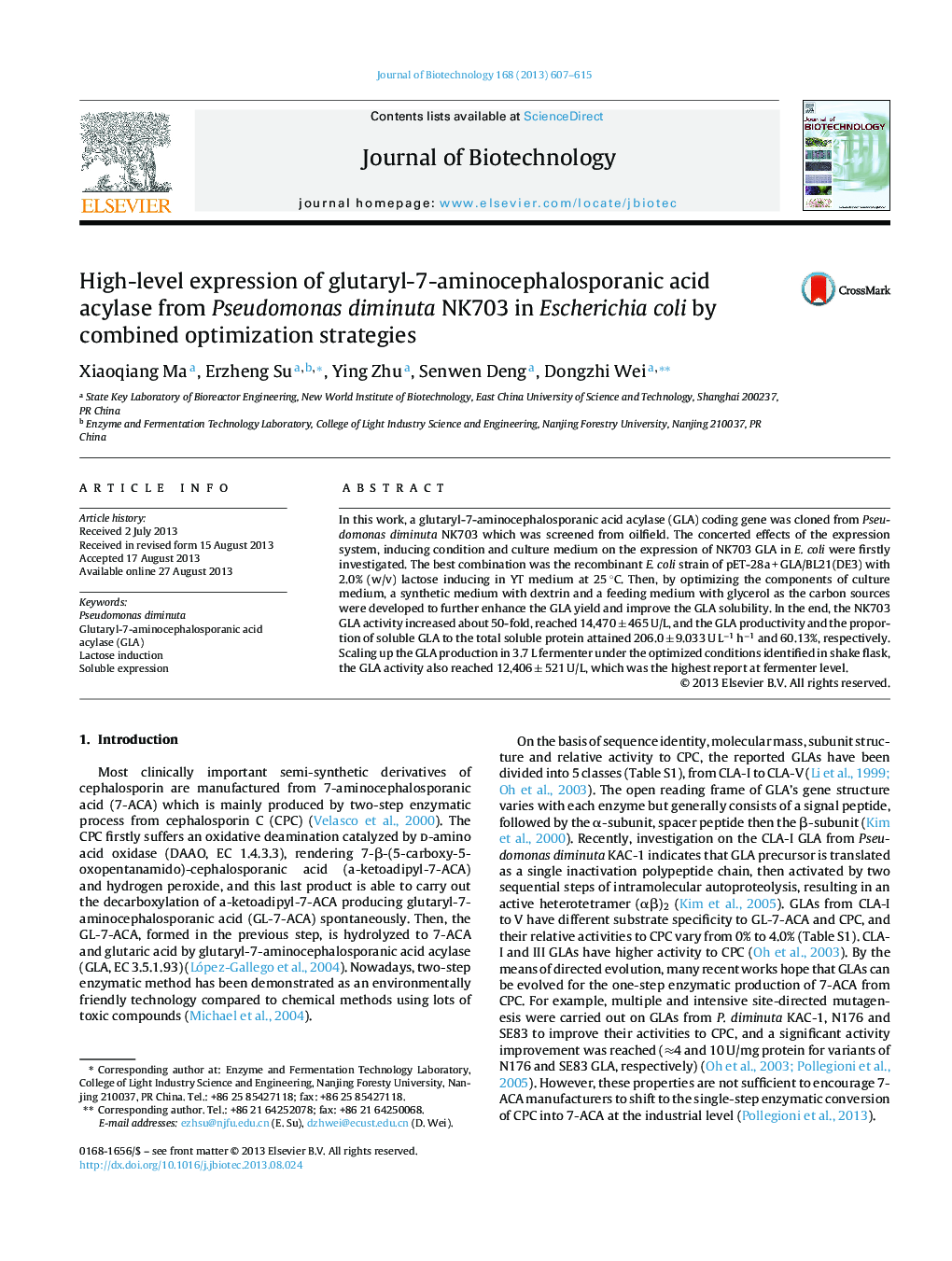 High-level expression of glutaryl-7-aminocephalosporanic acid acylase from Pseudomonas diminuta NK703 in Escherichia coli by combined optimization strategies