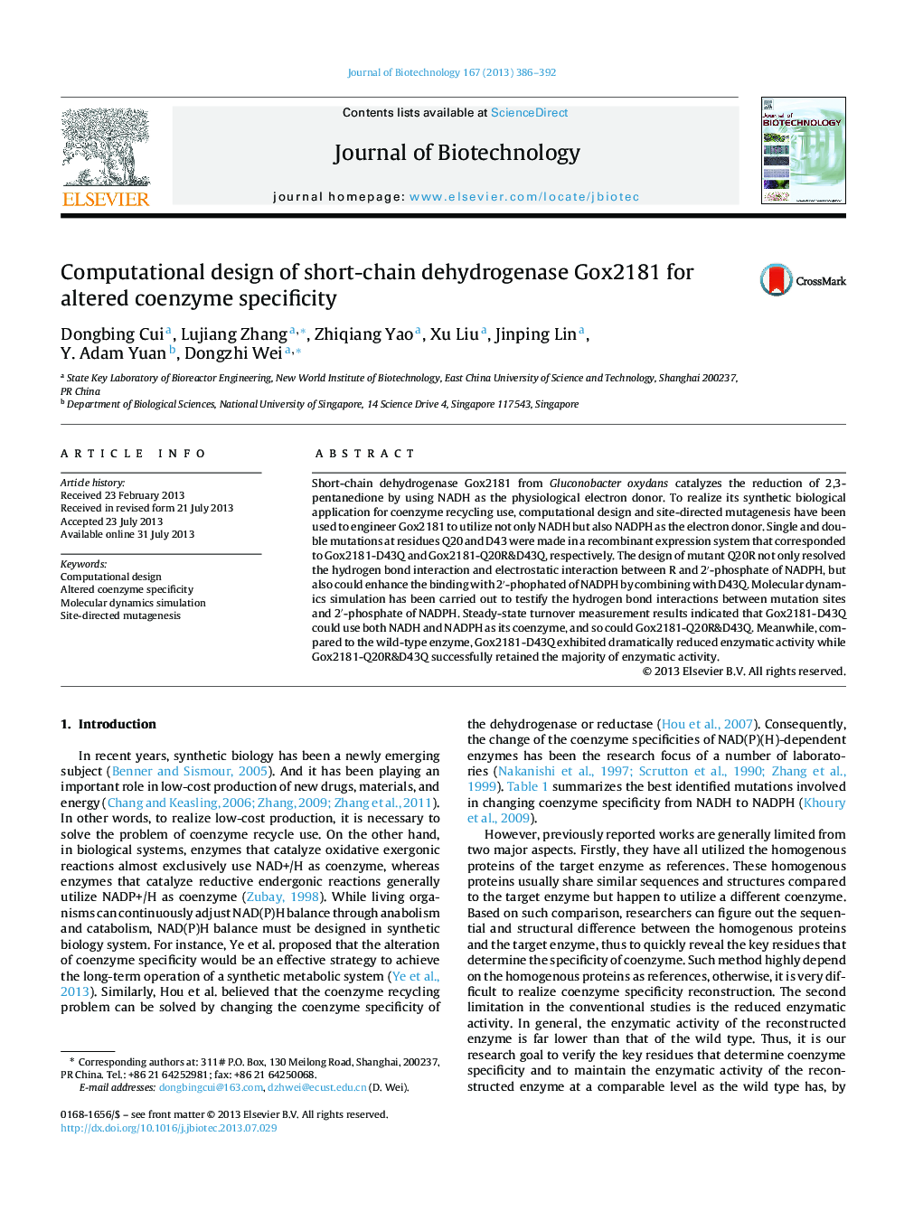 Computational design of short-chain dehydrogenase Gox2181 for altered coenzyme specificity