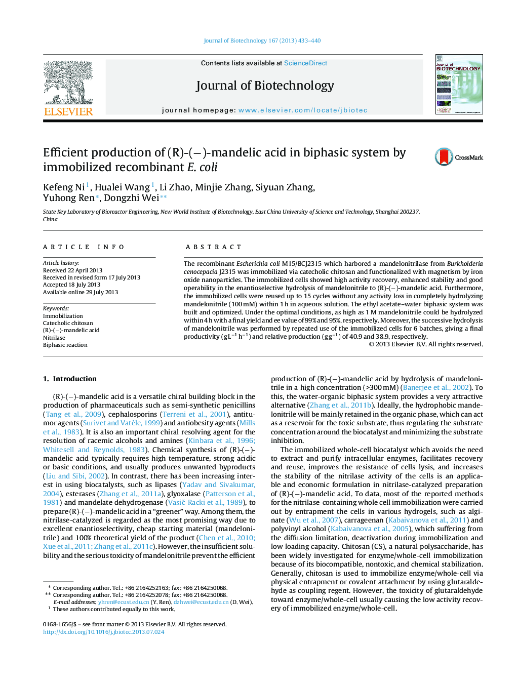 Efficient production of (R)-(â)-mandelic acid in biphasic system by immobilized recombinant E. coli