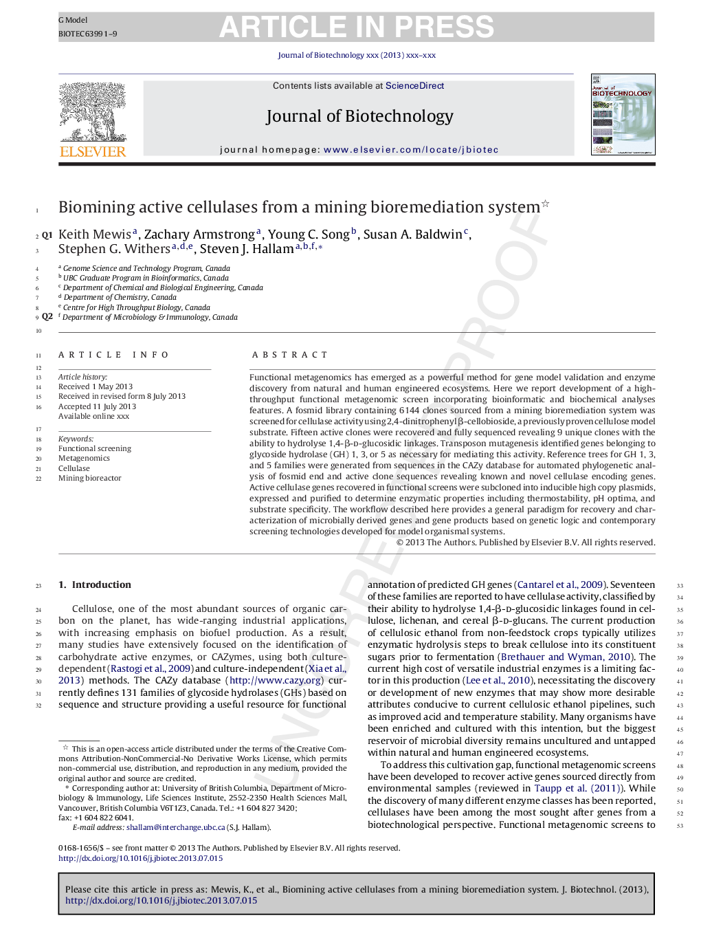 Biomining active cellulases from a mining bioremediation system