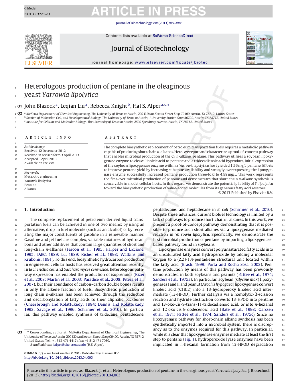 Heterologous production of pentane in the oleaginous yeast Yarrowia lipolytica