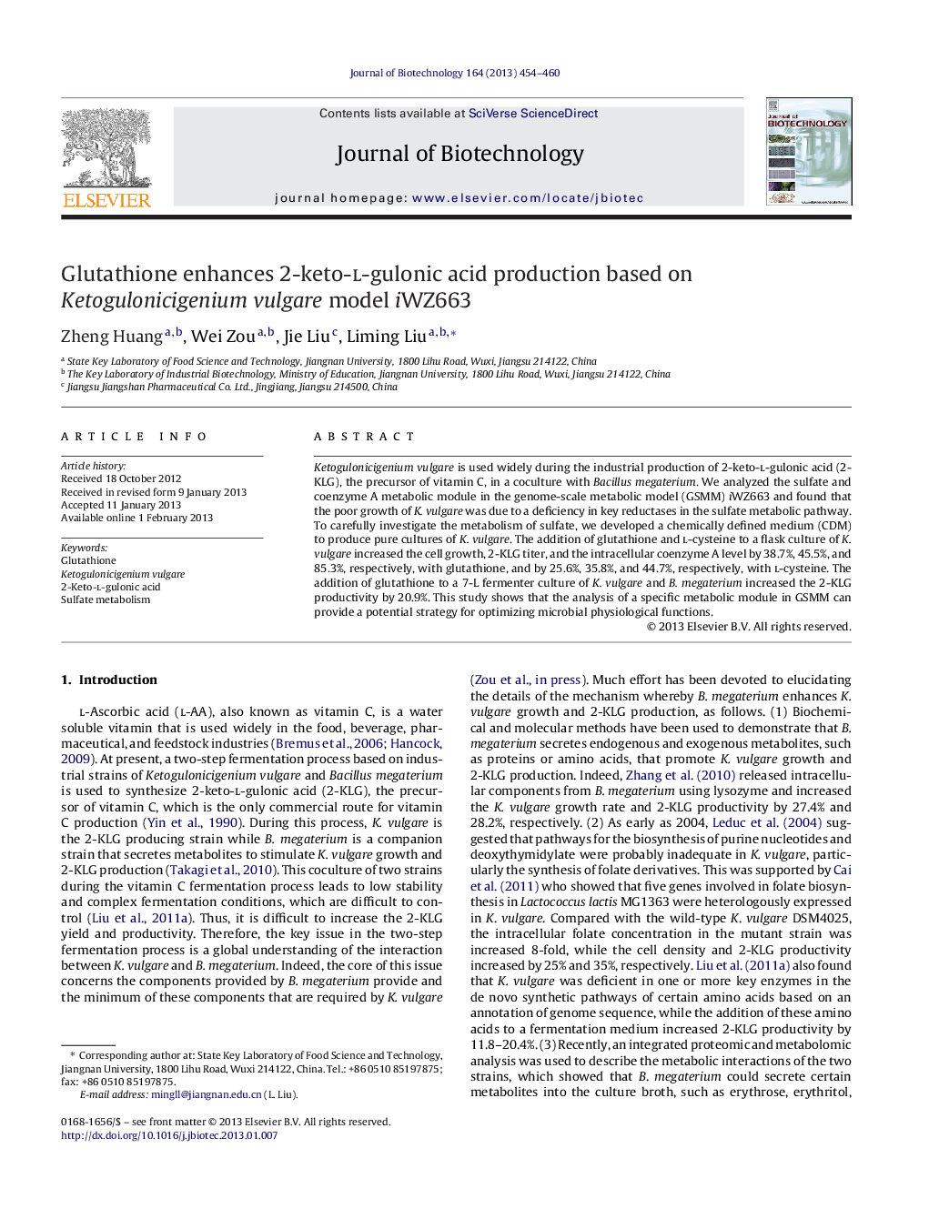 Glutathione enhances 2-keto-l-gulonic acid production based on Ketogulonicigenium vulgare model iWZ663