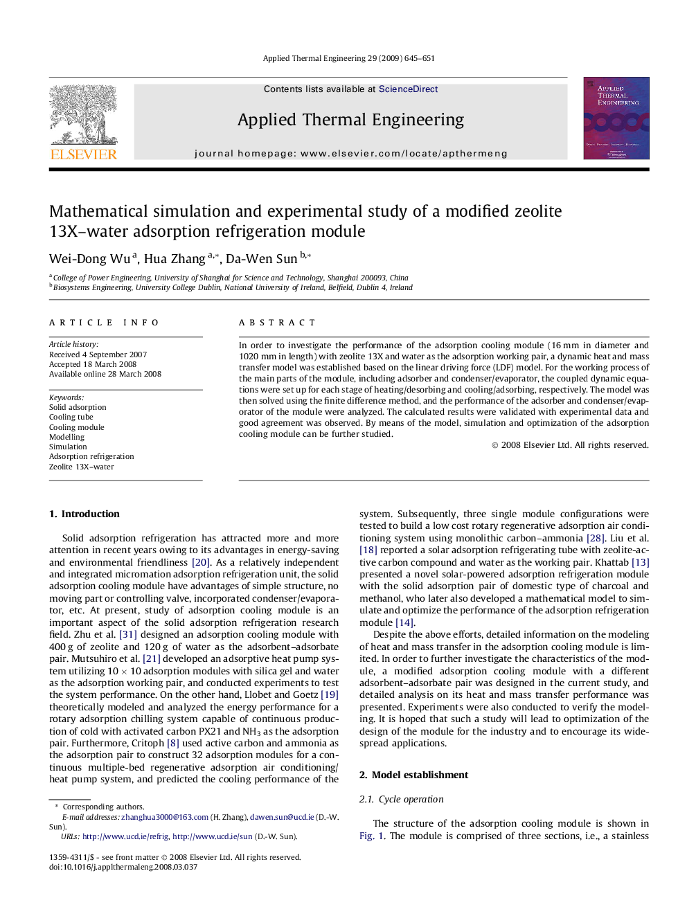 Mathematical simulation and experimental study of a modified zeolite 13X–water adsorption refrigeration module