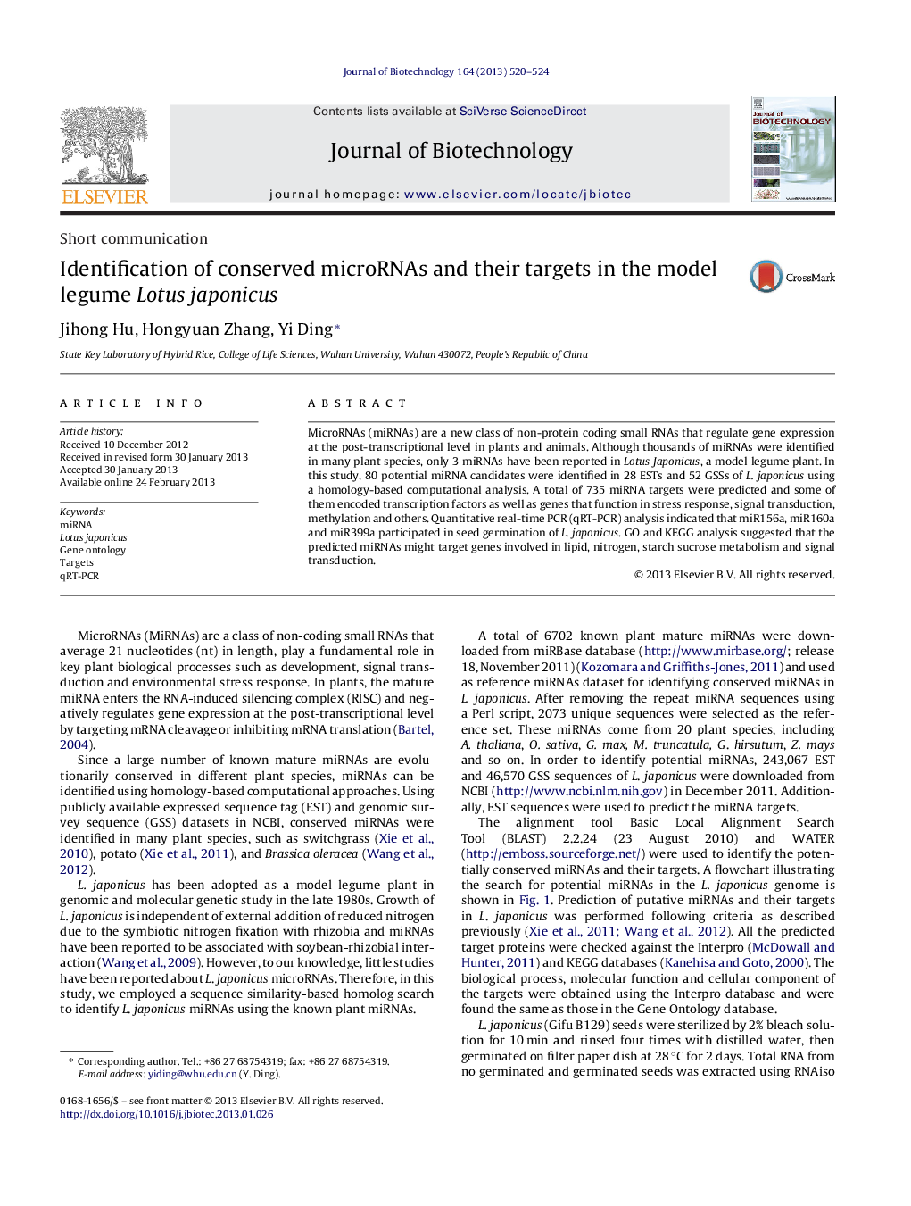 Identification of conserved microRNAs and their targets in the model legume Lotus japonicus