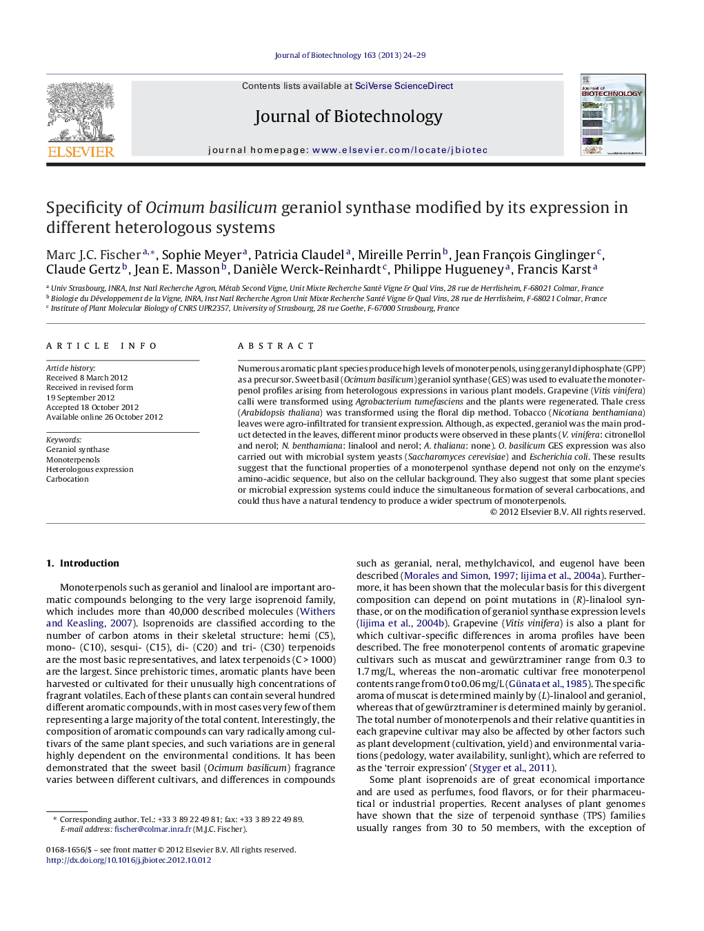 عکس صفحه اول مقاله: Specificity of Ocimum basilicum geraniol synthase modified by its expression in different heterologous systems Specificity of Ocimum basilicum geraniol synthase modified by its expression in different heterologous systems