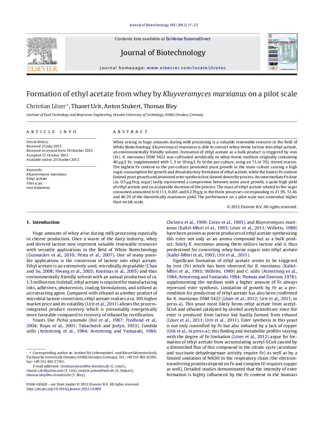 Formation of ethyl acetate from whey by Kluyveromyces marxianus on a pilot scale