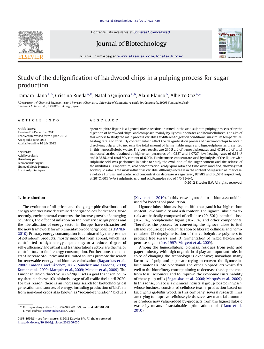 Study of the delignification of hardwood chips in a pulping process for sugar production