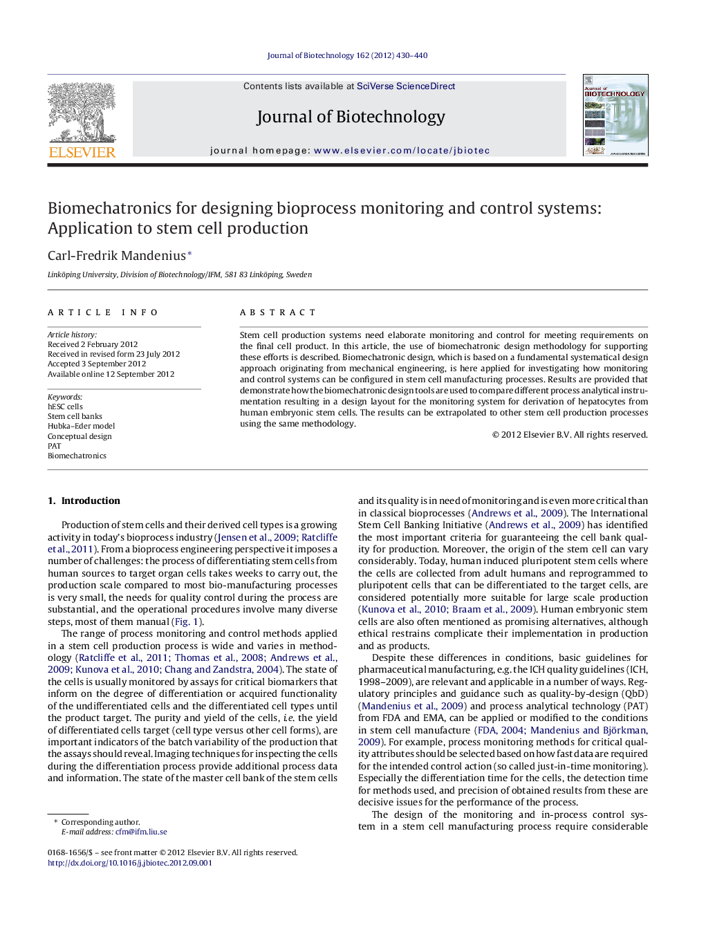 Biomechatronics for designing bioprocess monitoring and control systems: Application to stem cell production